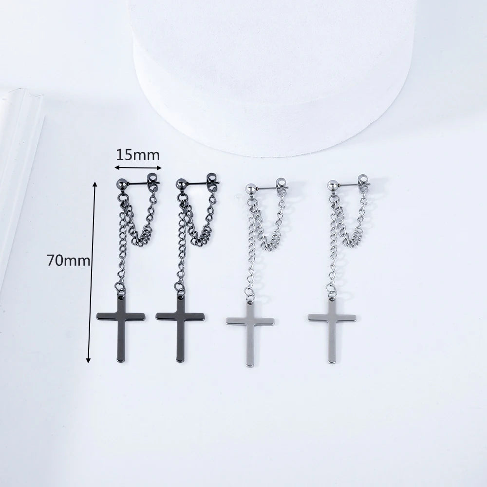 2 Pcs Punk Silver Color Cross Drop Earrings for Women Men Gothic Hip Hop Long Tassel Hanging Earring Jewelry Gift Bijoux