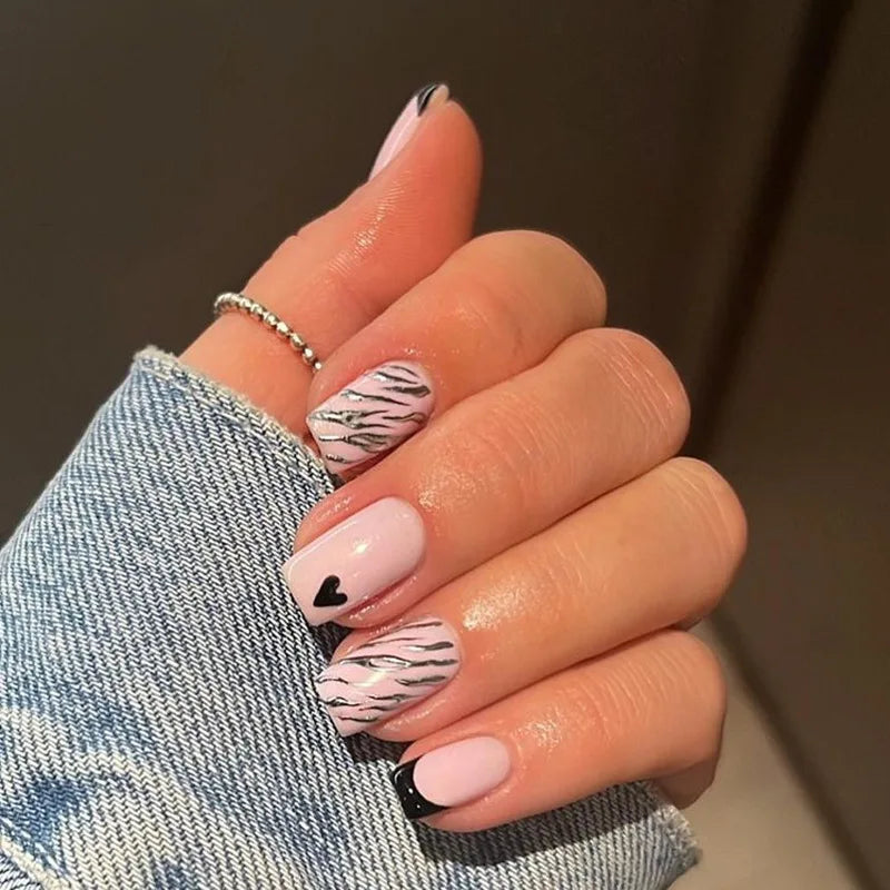 24ps/Box Long Ballerina Full Cover Artificial French False Nails Art Green Graffiti Color Blocking Gold Thread Fake Nail Tips
