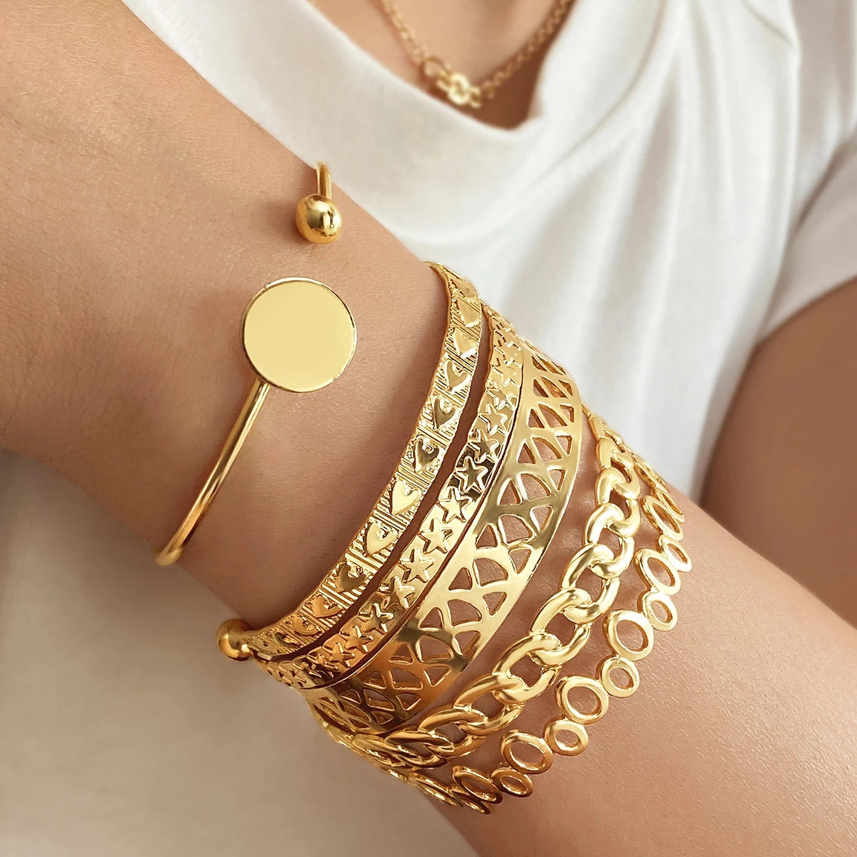 New Elegant Letter Love Bangle Gold Color Heart Flower Hollow Opening Bracelets Set Female Trendy Jewelry