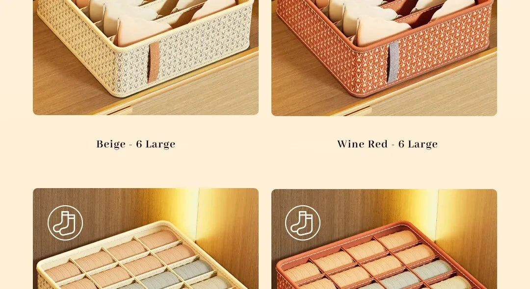 1pc Khaki/Wine Red Non Woven Multi Grid Underwear Sock Storage Box Household Wardrobe Organization and Storage
