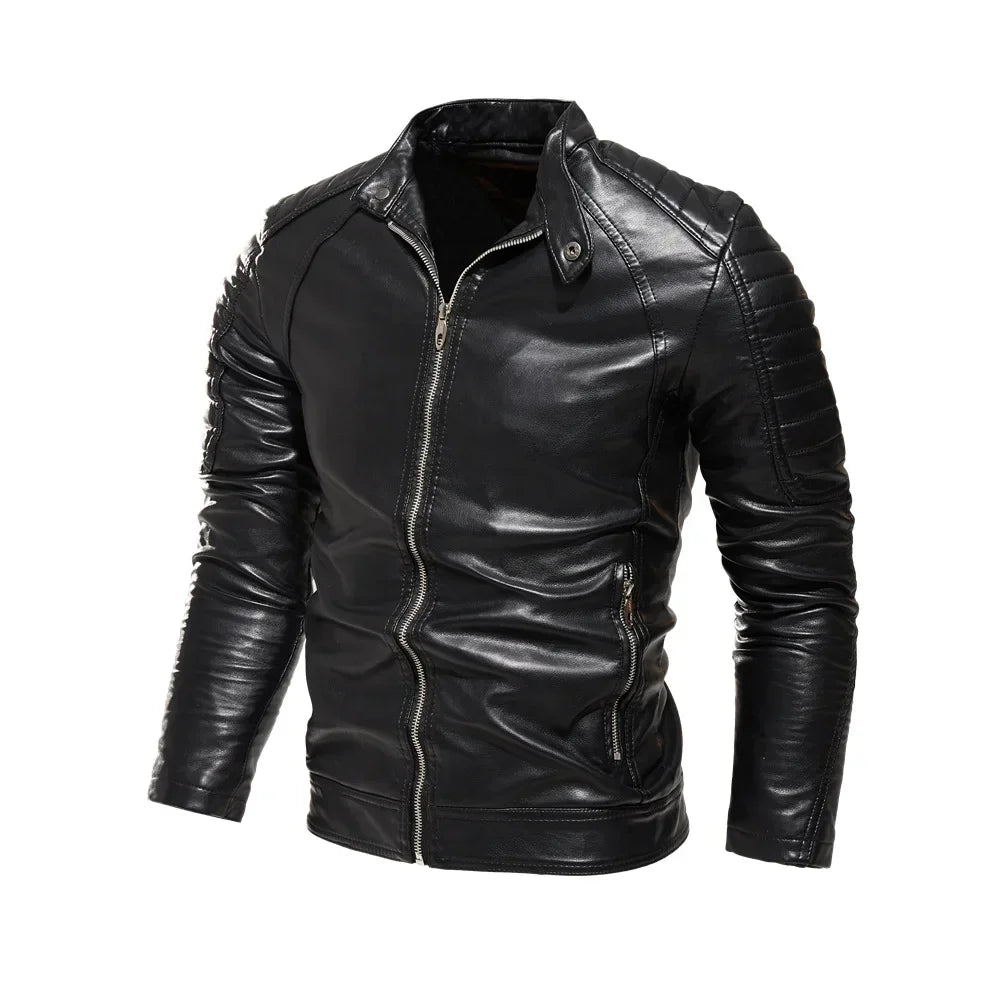 2024 Winter Black Leather Jacket Men Fur Lined Warm Motorcycle Jacket Slim Street Fashion BLack Biker Coat Pleated Design Zipper