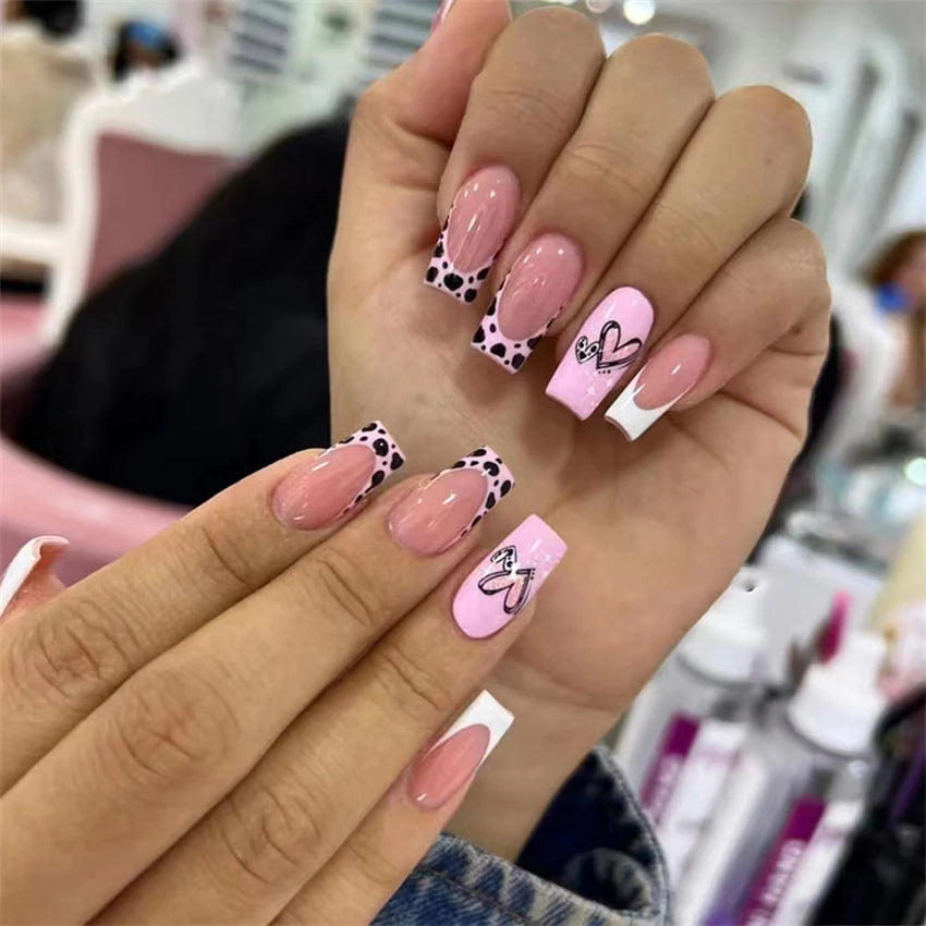 24Pcs Medium Long Ballet Fake Nails Art Flat Head Gold Line Frosted False Nails Press on Full Cover Removable Stick on Nail Tips