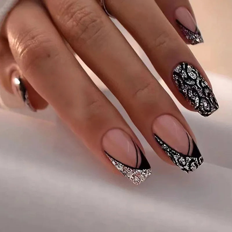 24Pcs Long Ballet Press On Nail Art Wearing Manicure Glitter Point Drill False Nails Removable Full Cover Artificial Fake Nails