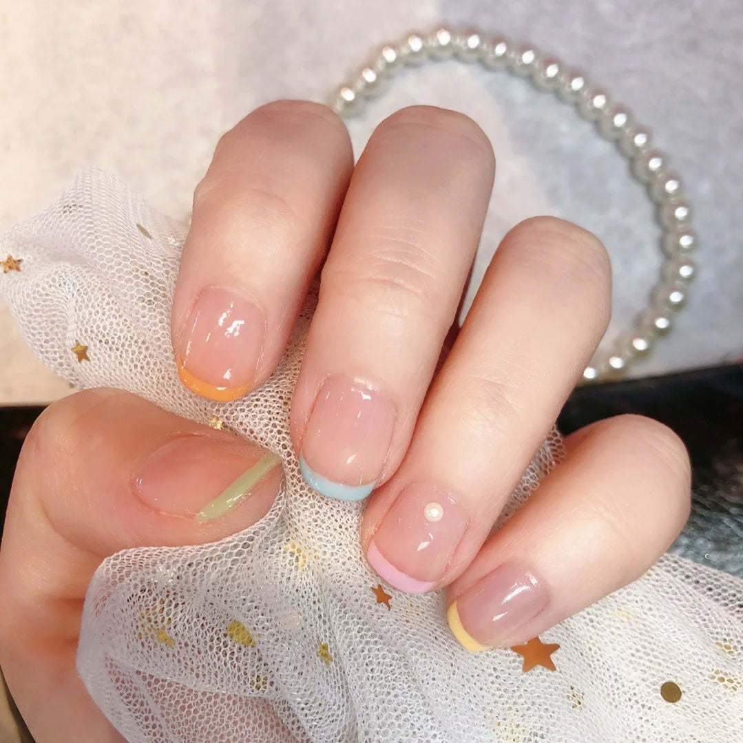 24pcs Short Square Fake Nails Colorful French False Nails Detachable Ballerina Full Cover Nails Tips Press on Nails