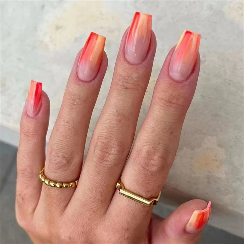 24Pcs Medium Long Ballet Fake Nails Art Flat Head Gold Line Frosted False Nails Press on Full Cover Removable Stick on Nail Tips
