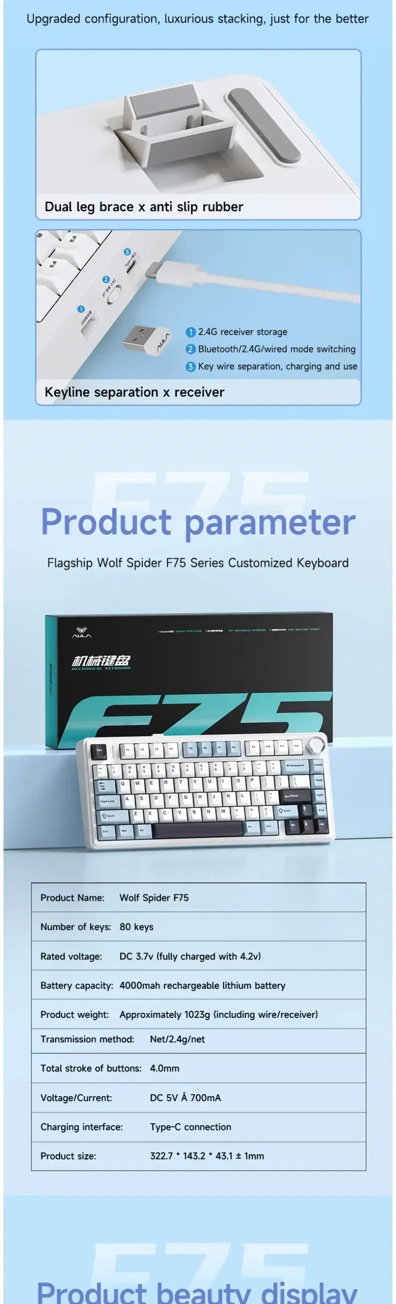 AULA F75 wireless Mechanical Keyboard,Gamer keyboard Customized Hot-Swap 75% Layout,OEM Profile Gasket Structure,Reaper Axis