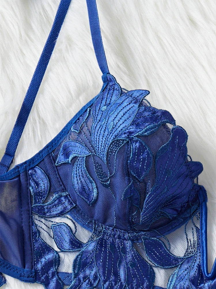 Sexy Underwear For Women Steel Ring Push Up Bra Bilizna Tulle Embroidery Lingerie Ensemble Erotic Lingerie Lace Intimate Outfits
