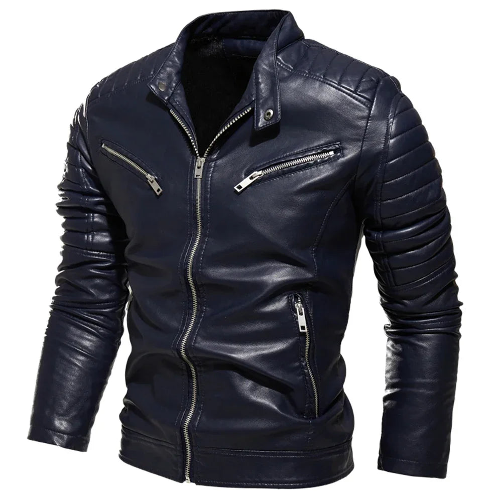 2024 Winter Black Leather Jacket Men Fur Lined Warm Motorcycle Jacket Slim Street Fashion BLack Biker Coat Pleated Design Zipper