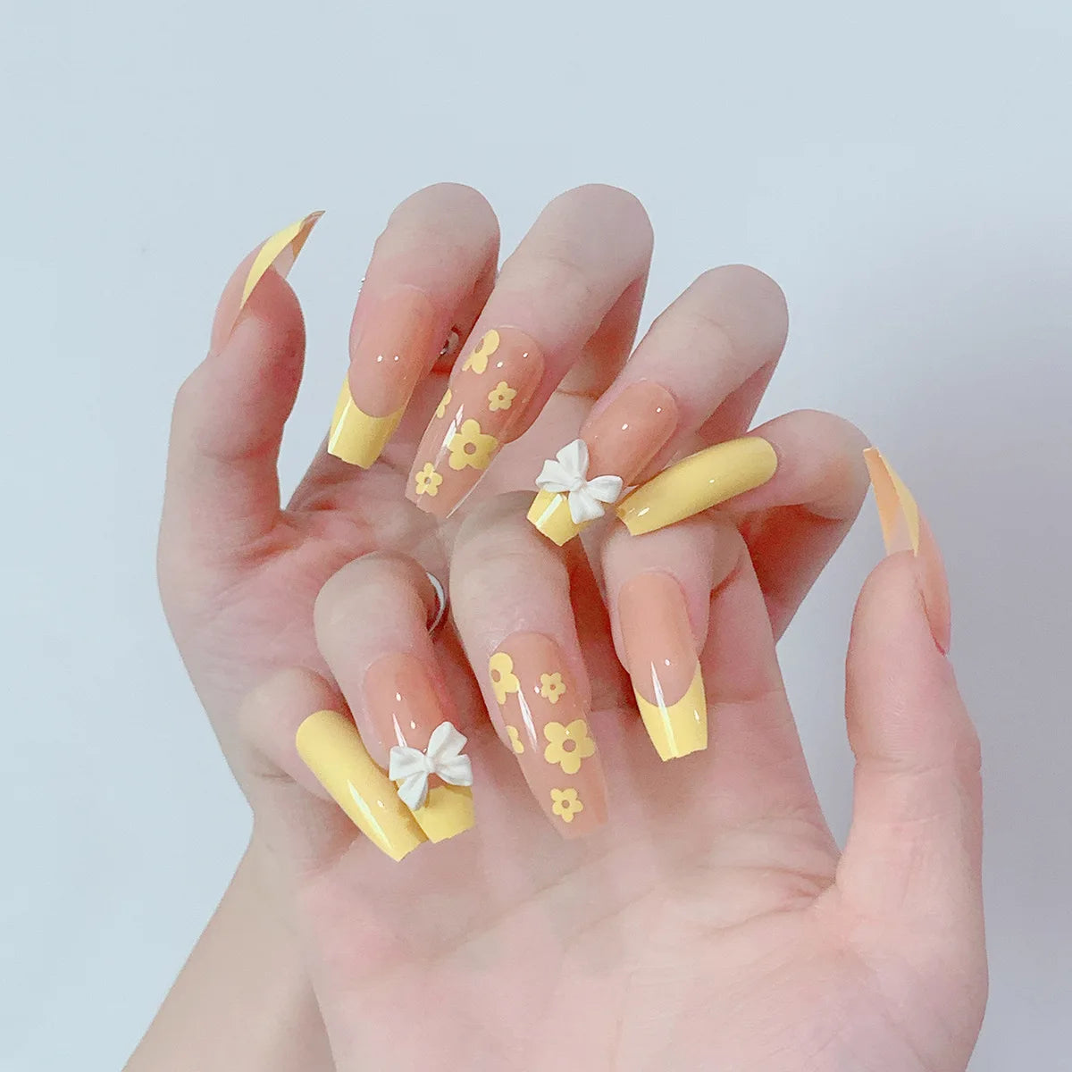 24ps/Box Long Ballerina Full Cover Artificial French False Nails Art Green Graffiti Color Blocking Gold Thread Fake Nail Tips