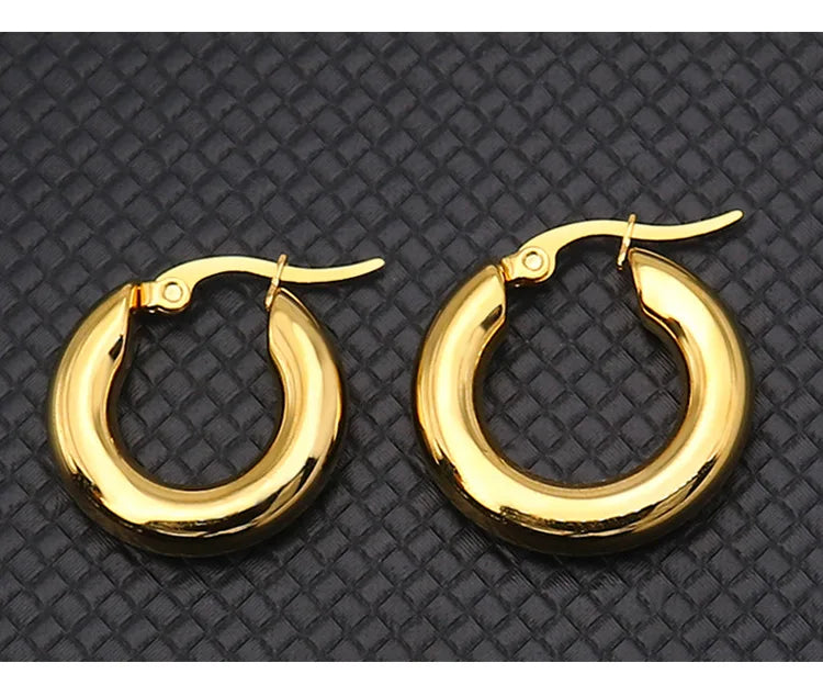 Surgical Steel Gold Color Tone Women Fat Chunky Earrings Stainless Wives Round Smooth Thick Hoops Statement Jewelry 20mm/25mm