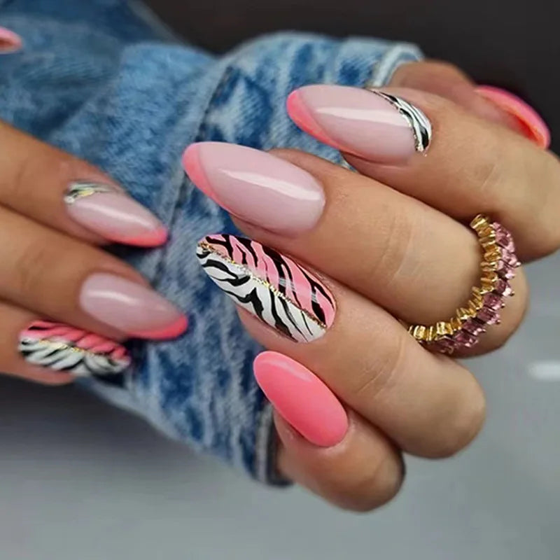 24Pcs Ballerina Press On Nail Tips Oval Head False Nails Almond Artificial Fake Nails With Glue Full Cover Press Manicure Tools