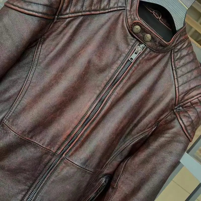 Vintage Black Brown Real Cowhide Genuine Leather Jacket Real Fur Men's Leather Jacket Bomber Men Leather Jacket Motorcycle Coat