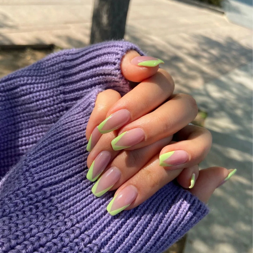 24ps/Box Long Ballerina Full Cover Artificial French False Nails Art Green Graffiti Color Blocking Gold Thread Fake Nail Tips