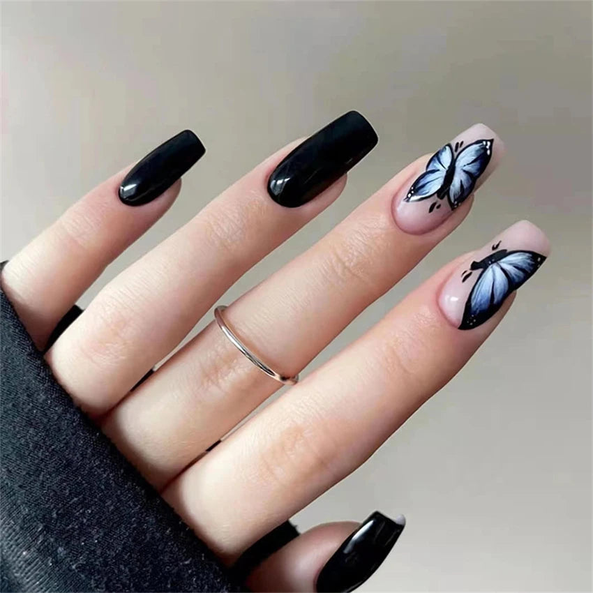 24Pcs Medium Long Ballet Fake Nails Art Flat Head Gold Line Frosted False Nails Press on Full Cover Removable Stick on Nail Tips