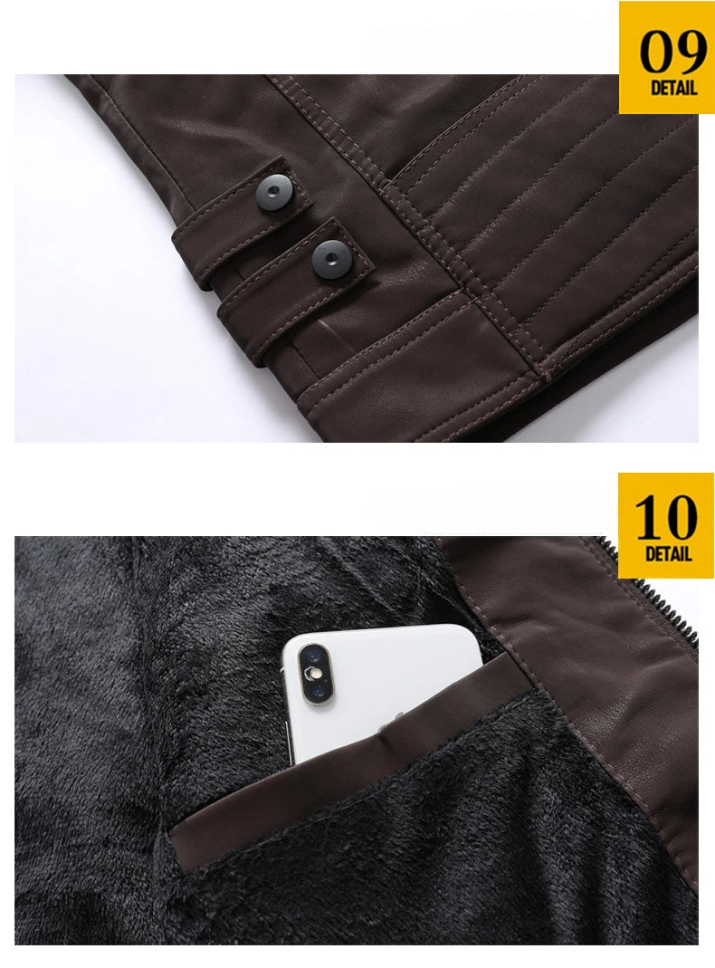 2024 New Men's Leather Washed Leather Jacket Motorcycle Plus Fleece Splicing European and American Men's Leather Coat