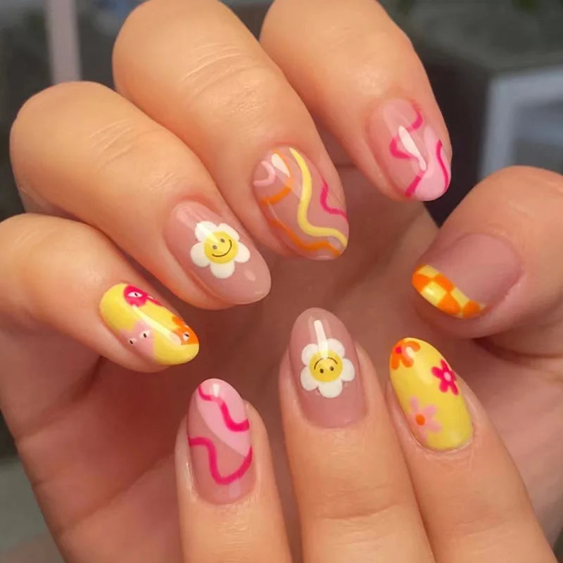 24Pcs Ballerina Press On Nail Tips Oval Head False Nails Almond Artificial Fake Nails With Glue Full Cover Press Manicure Tools