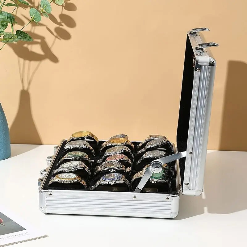 32/12/6 Slots Large Capacity for Jewelry Organization Silver Aluminum Alloy Watch Storage Box Multi-Purpose Metal Box with Lock