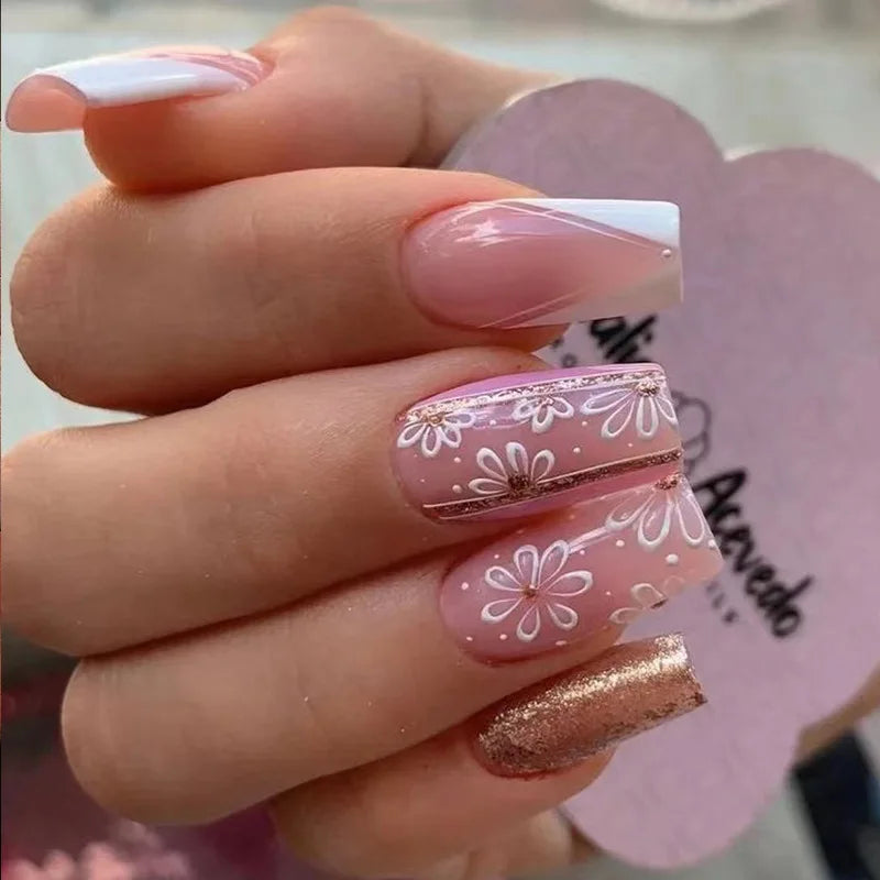 24Pcs Long Ballet Press On Nail Art Wearing Manicure Glitter Point Drill False Nails Removable Full Cover Artificial Fake Nails