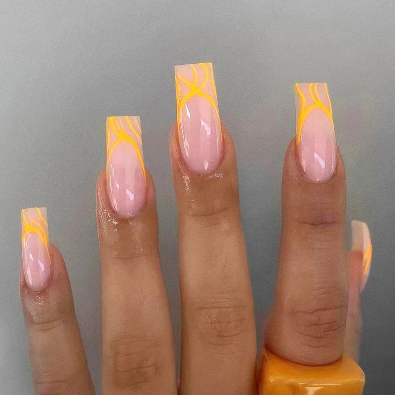 24ps/Box Long Ballerina Full Cover Artificial French False Nails Art Green Graffiti Color Blocking Gold Thread Fake Nail Tips