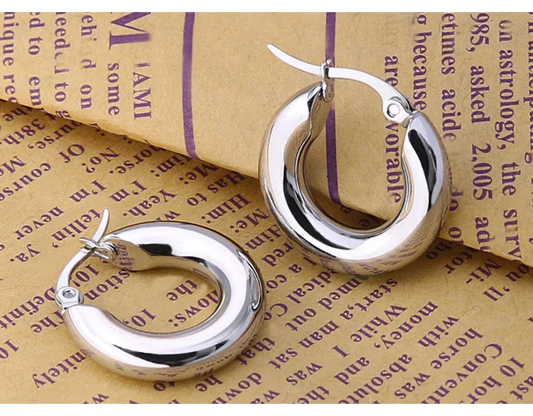 Surgical Steel Gold Color Tone Women Fat Chunky Earrings Stainless Wives Round Smooth Thick Hoops Statement Jewelry 20mm/25mm