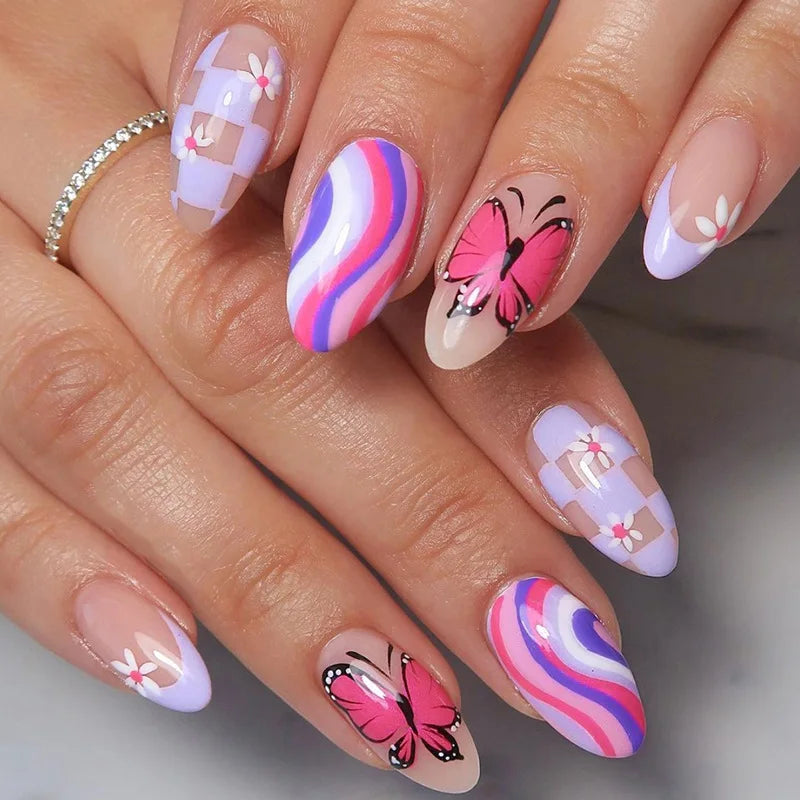 24Pcs Ballerina Press On Nail Tips Oval Head False Nails Almond Artificial Fake Nails With Glue Full Cover Press Manicure Tools