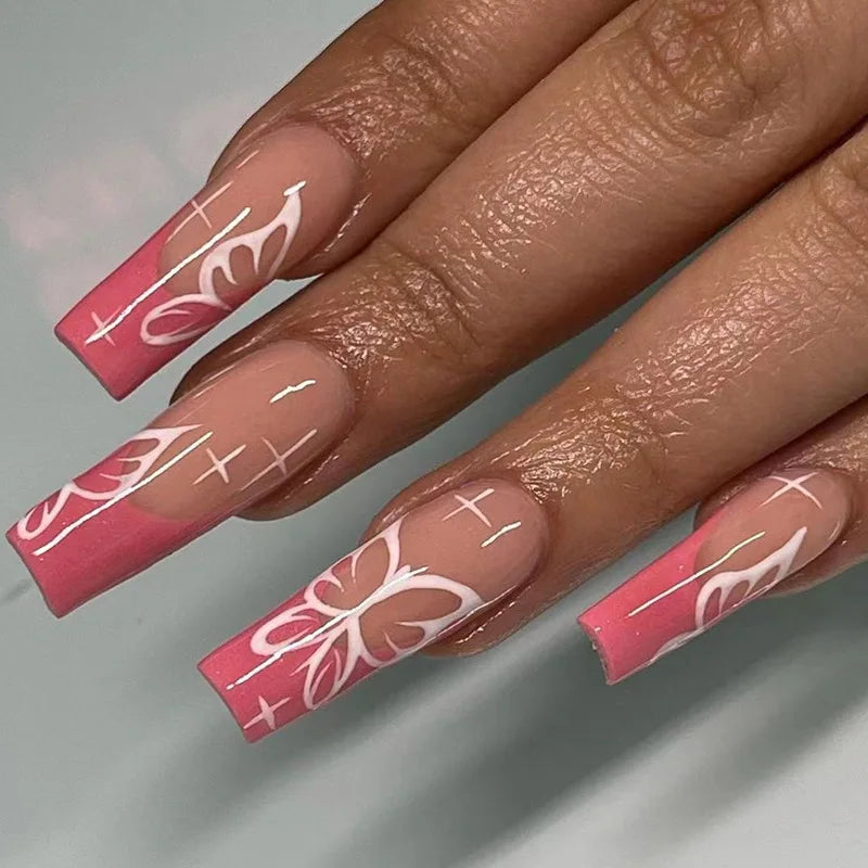 24Pcs Long Ballet Press On Nail Art Wearing Manicure Glitter Point Drill False Nails Removable Full Cover Artificial Fake Nails