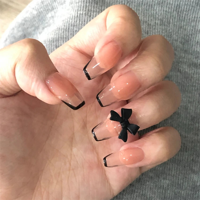 24Pcs Medium Long Ballet Fake Nails Art Flat Head Gold Line Frosted False Nails Press on Full Cover Removable Stick on Nail Tips