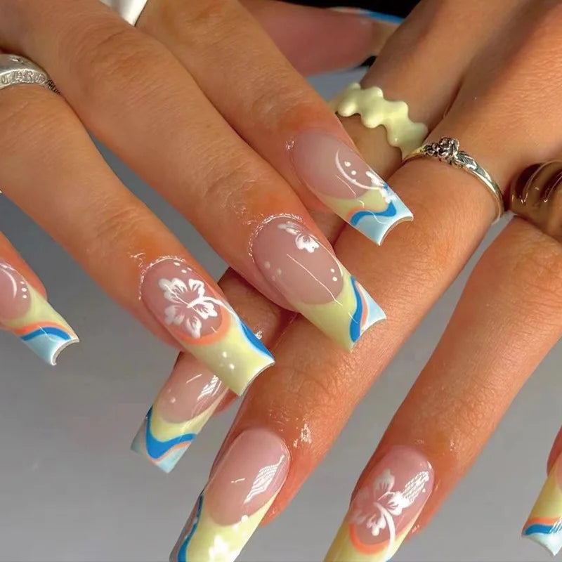 24ps/Box Long Ballerina Full Cover Artificial French False Nails Art Green Graffiti Color Blocking Gold Thread Fake Nail Tips