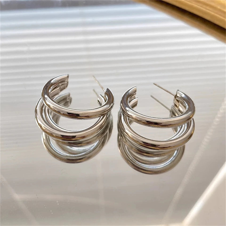UILZ Gold Silver Color Hoop Earrings For Women Korean Fashion Three-layer Hoops Big Thick Round Earrings Piercing Jewelry Gifts