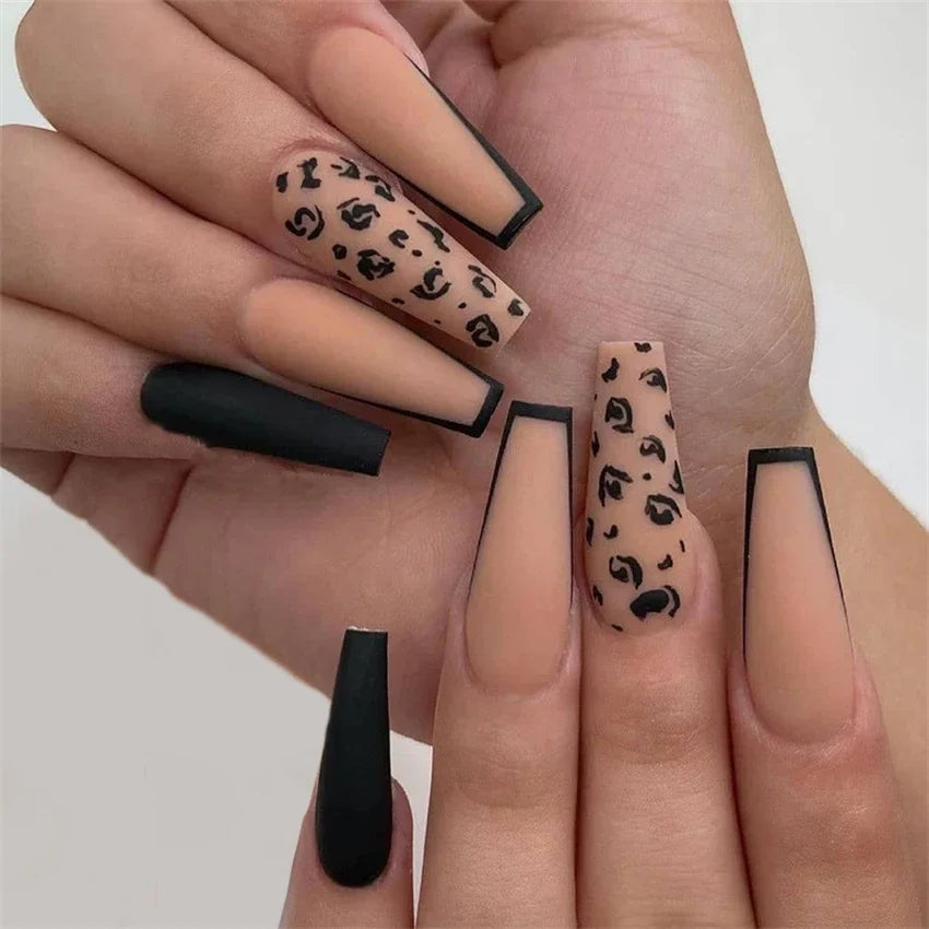 24p Artificial Acrylic Nail Art Fake Nails Full Coverage Removable Pressing Nail Tips Lotus Root Pink Leopard Print False Nails
