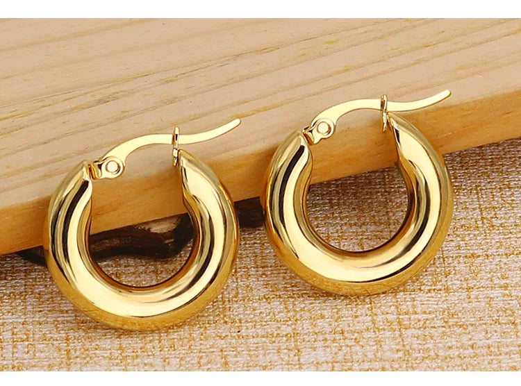 Surgical Steel Gold Color Tone Women Fat Chunky Earrings Stainless Wives Round Smooth Thick Hoops Statement Jewelry 20mm/25mm