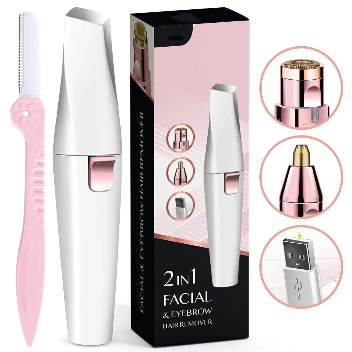 Eyebrow Trimmer 2 in1 USB Rechargeable Facial Hair Remover For Women & with Built in LED Light-Remove  For Facial Hair