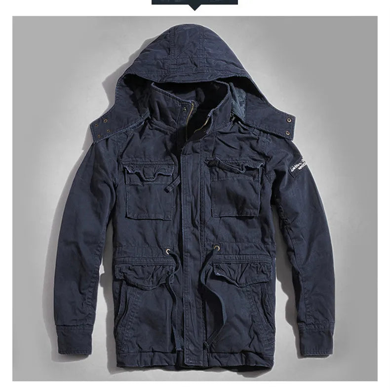 Men's Long Sleeved Hooded Camouflage Jacket Multi Bag Mid Length Storage Outdoor Trekking Camping Riding Sport Tops Amekaji Coat
