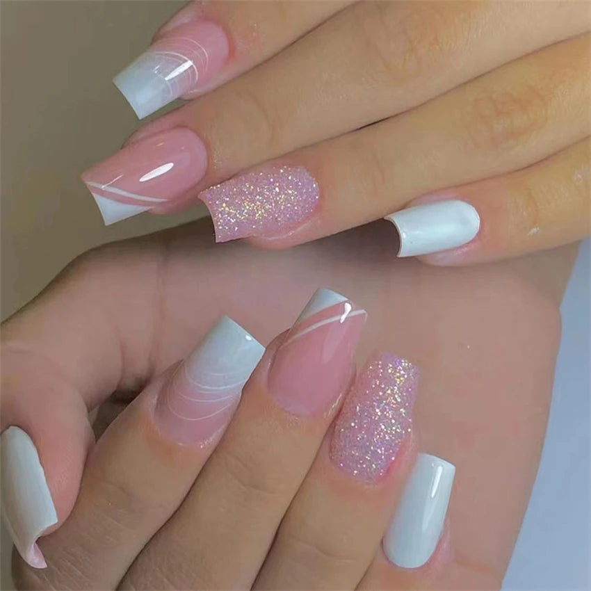 24Pcs Medium Long Ballet Fake Nails Art Flat Head Gold Line Frosted False Nails Press on Full Cover Removable Stick on Nail Tips