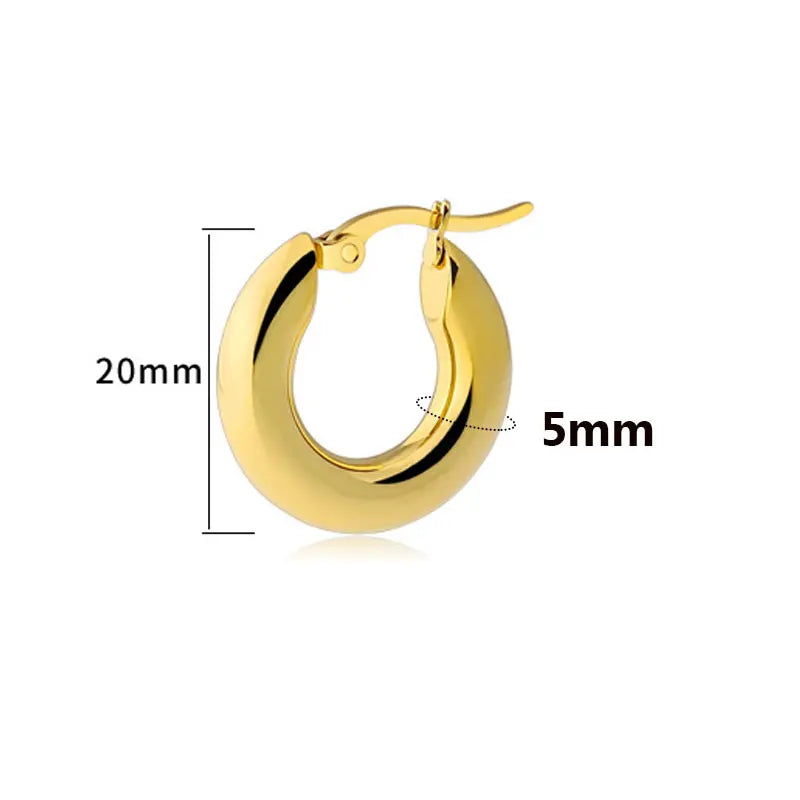 Surgical Steel Gold Color Tone Women Fat Chunky Earrings Stainless Wives Round Smooth Thick Hoops Statement Jewelry 20mm/25mm