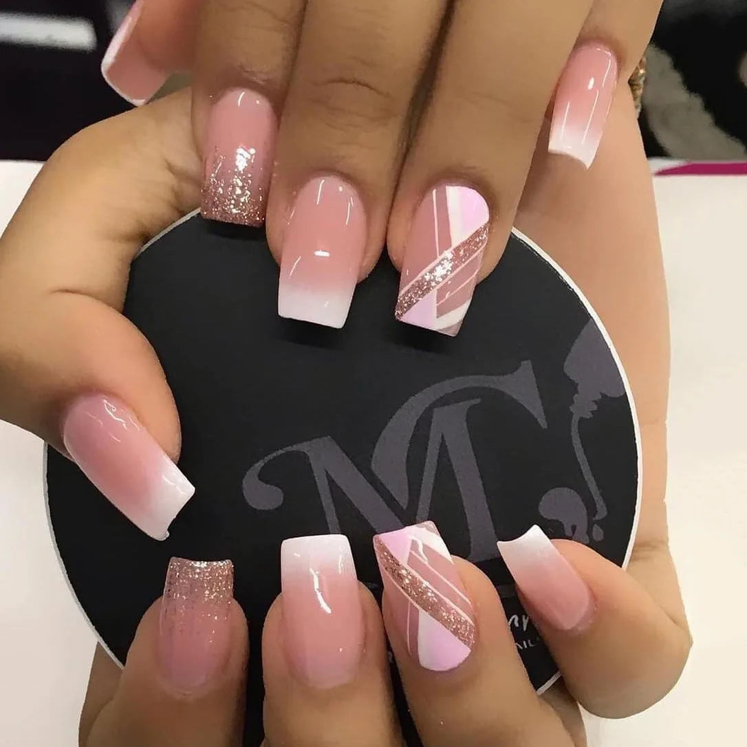 24Pcs Long Ballet Press On Nail Art Wearing Manicure Glitter Point Drill False Nails Removable Full Cover Artificial Fake Nails