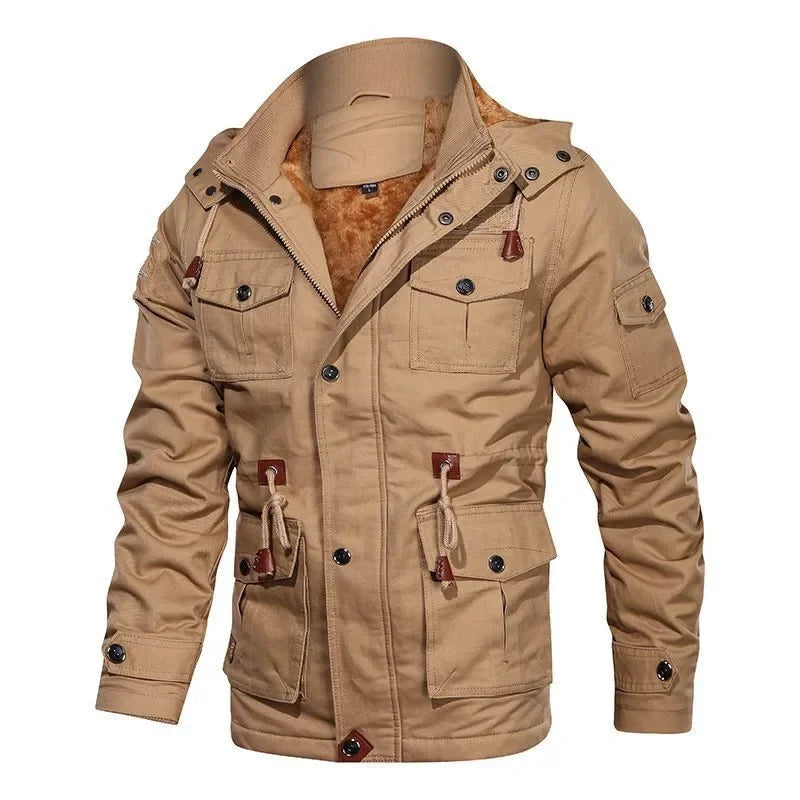 Men's Winter Jacket Hooded Casual Cotton Coat Retro Coat Men's Cotton Casual Fleece Long Jacket Men's Outdoor Tooling Coat