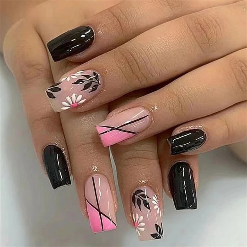 24Pcs Medium Long Ballet Fake Nails Art Flat Head Gold Line Frosted False Nails Press on Full Cover Removable Stick on Nail Tips