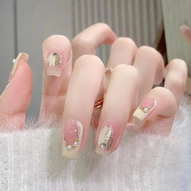 24Pcs Mid-length Ballet False Nails Cute Childlike Rainbow Press On Nails Iced Through Milk Tea Fake Nails Free Shipping Items