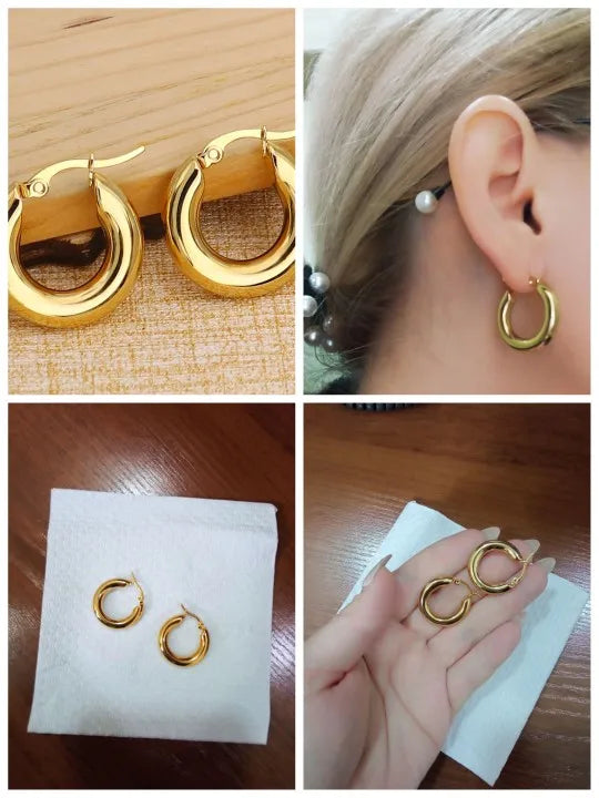 Surgical Steel Gold Color Tone Women Fat Chunky Earrings Stainless Wives Round Smooth Thick Hoops Statement Jewelry 20mm/25mm