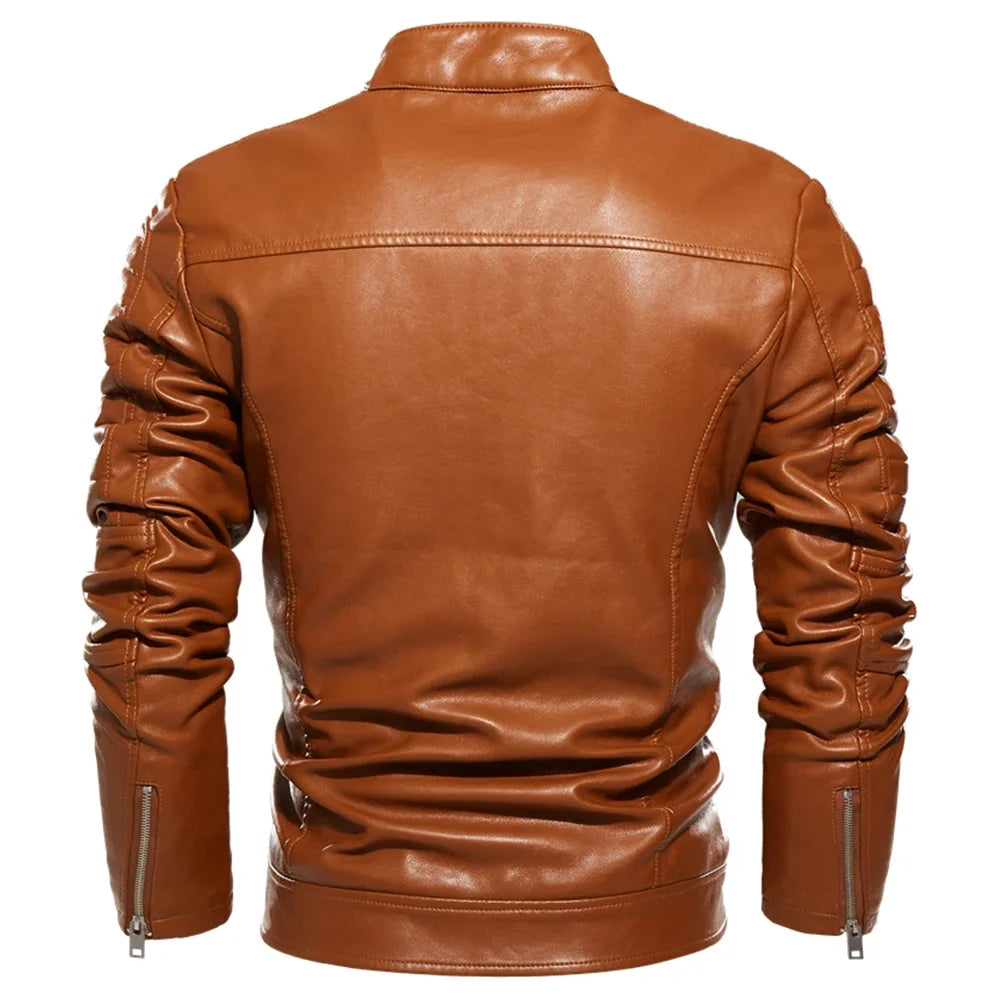 2024 Winter Black Leather Jacket Men Fur Lined Warm Motorcycle Jacket Slim Street Fashion BLack Biker Coat Pleated Design Zipper