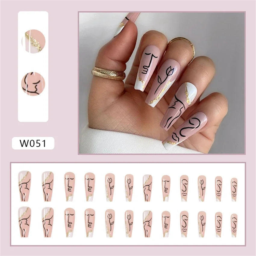 24p Artificial Acrylic Nail Art Fake Nails Full Coverage Removable Pressing Nail Tips Lotus Root Pink Leopard Print False Nails