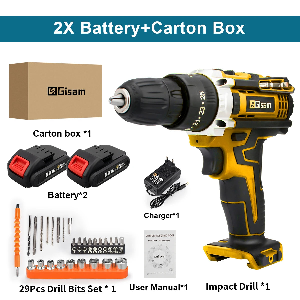 Gisam Cordless Drill Rechargeable Electric Screwdriver Electric Drill Mini Wireless Hand Drill Lithium-Ion Battery Power Tools
