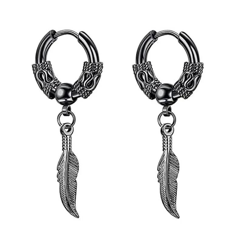 2pcs Fashion Cross Feather Stud Earrings, Punk Rock Style For Women Men High Quality Stainless Steel Hiphop Ear Jewelry