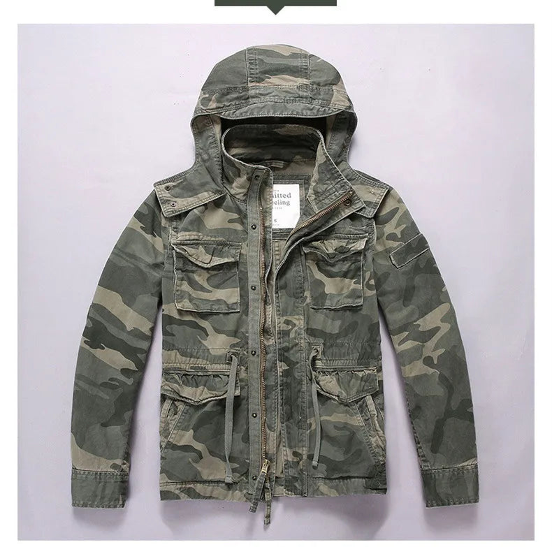 Men's Long Sleeved Hooded Camouflage Jacket Multi Bag Mid Length Storage Outdoor Trekking Camping Riding Sport Tops Amekaji Coat
