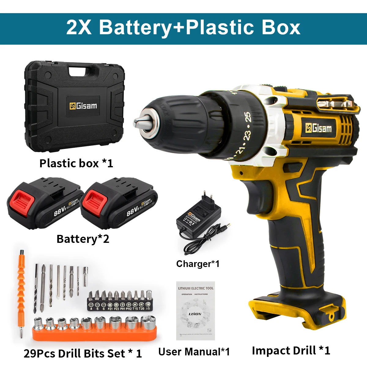 Gisam Cordless Drill Rechargeable Electric Screwdriver Electric Drill Mini Wireless Hand Drill Lithium-Ion Battery Power Tools