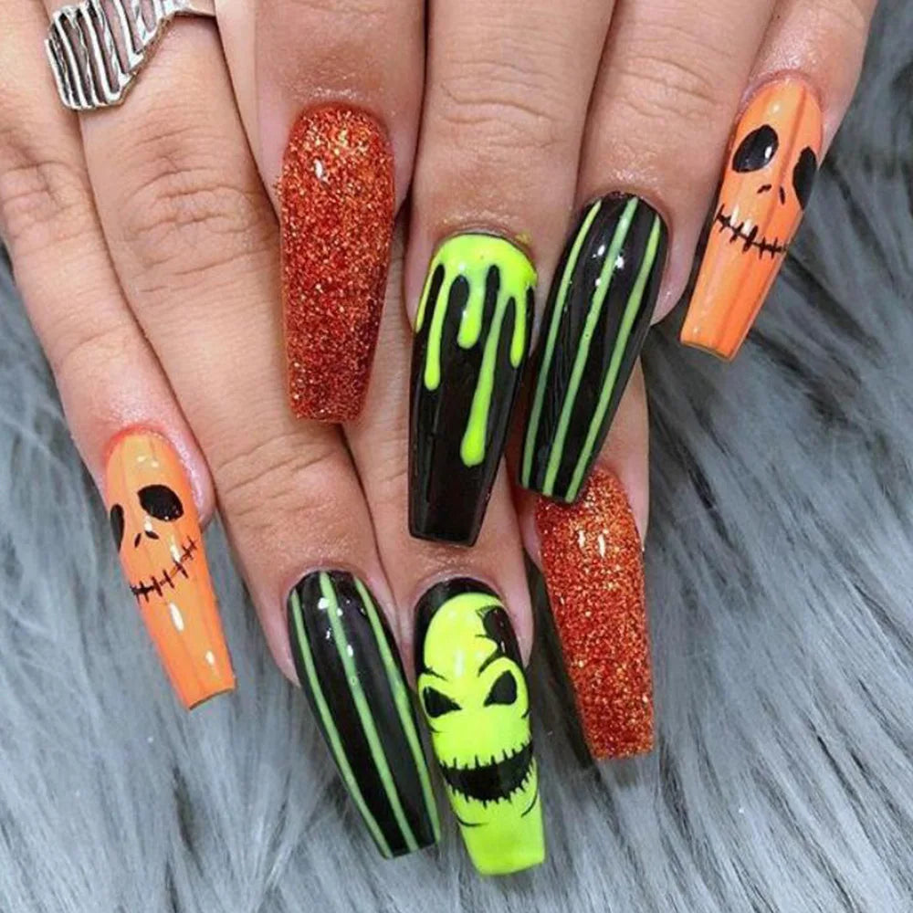 24ps/Box Long Ballerina Full Cover Artificial French False Nails Art Green Graffiti Color Blocking Gold Thread Fake Nail Tips