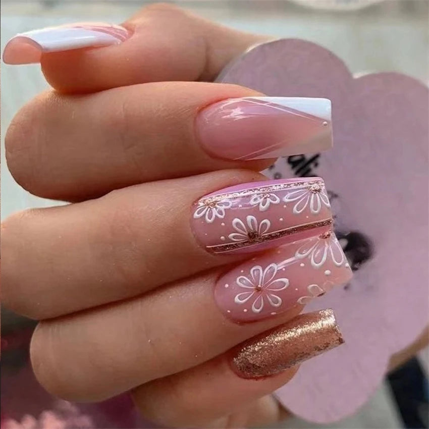 24Pcs Medium Long Ballet Fake Nails Art Flat Head Gold Line Frosted False Nails Press on Full Cover Removable Stick on Nail Tips