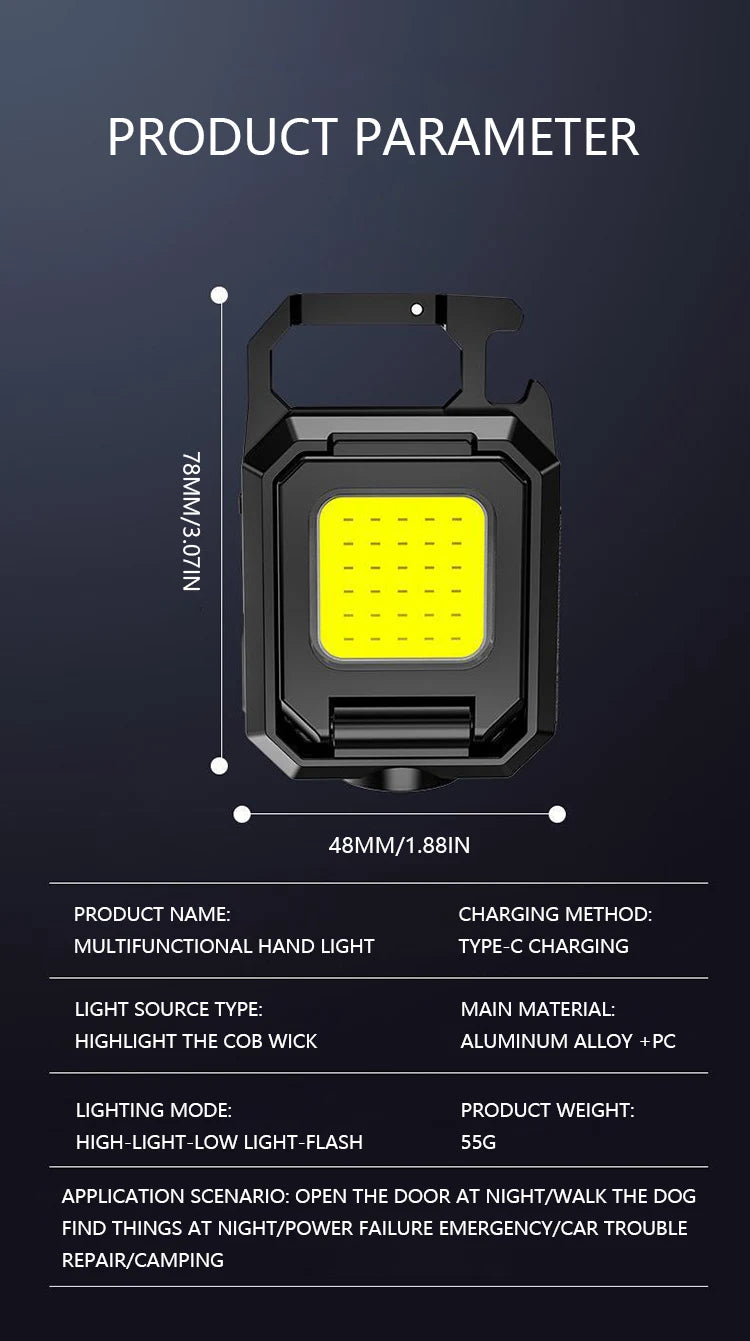 XPE Pocket Work Light 1000LM COB LED Mini Keychain Light USB Rechargeable Flashlight IPX4 Waterproof for Outdoor Camping Hiking