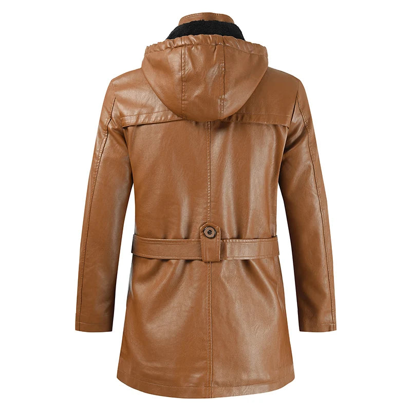 2024 Winter Men's Leather Motorcycle Leather Korean Fashion Jacket Coat Windproof Clothes Men's Hooded Medium Long